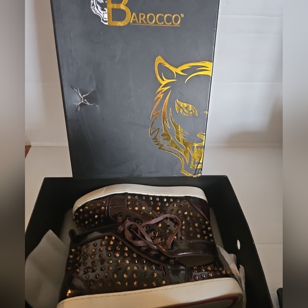 New Barocco LA Men's High-Top Sneakers Brown Leather Studded" - Picture 10 of 11